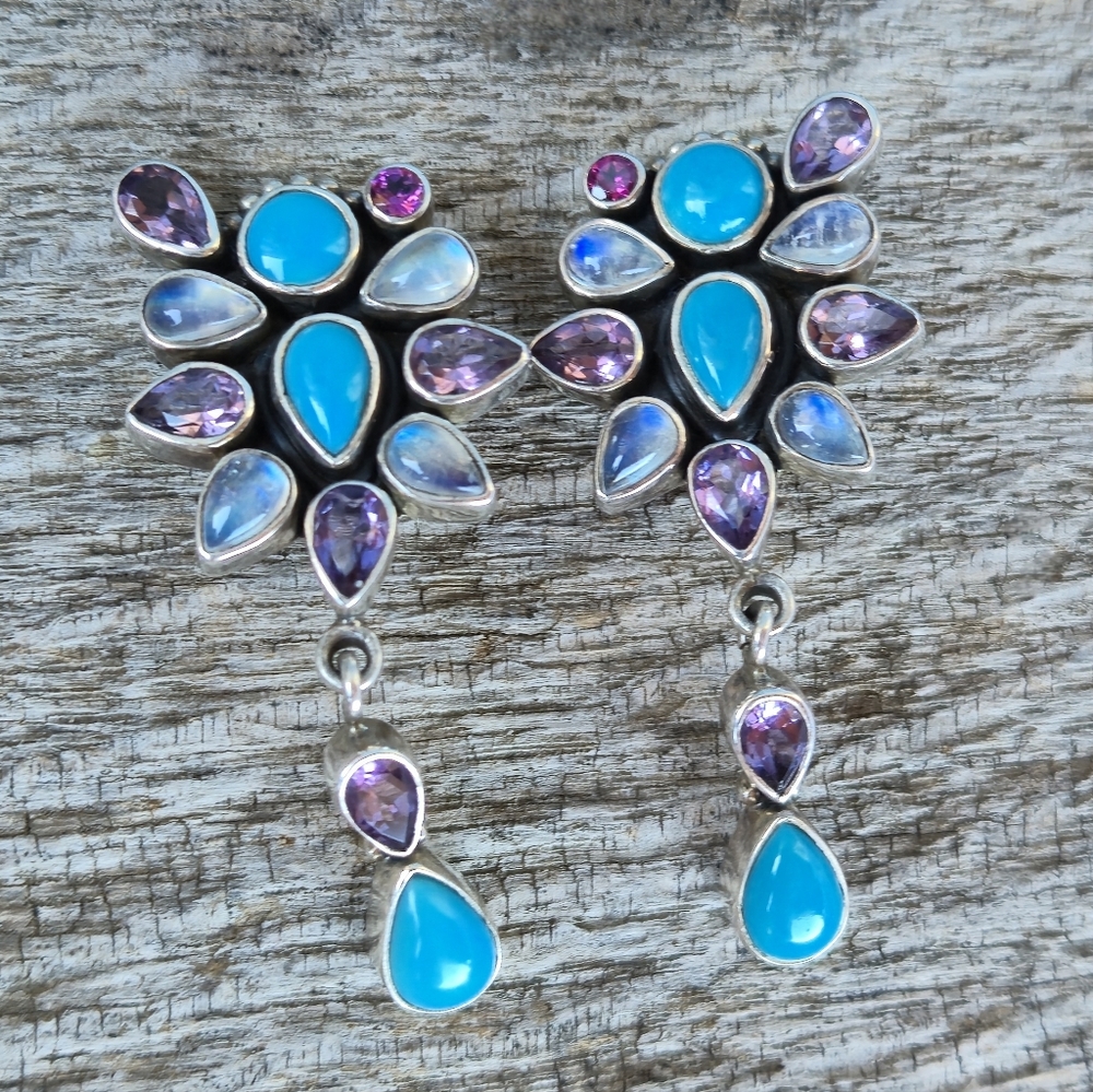 Nicky Butler 925 Sterling Silver Clip-on Turquoise Moonstone Amethyst Earrings